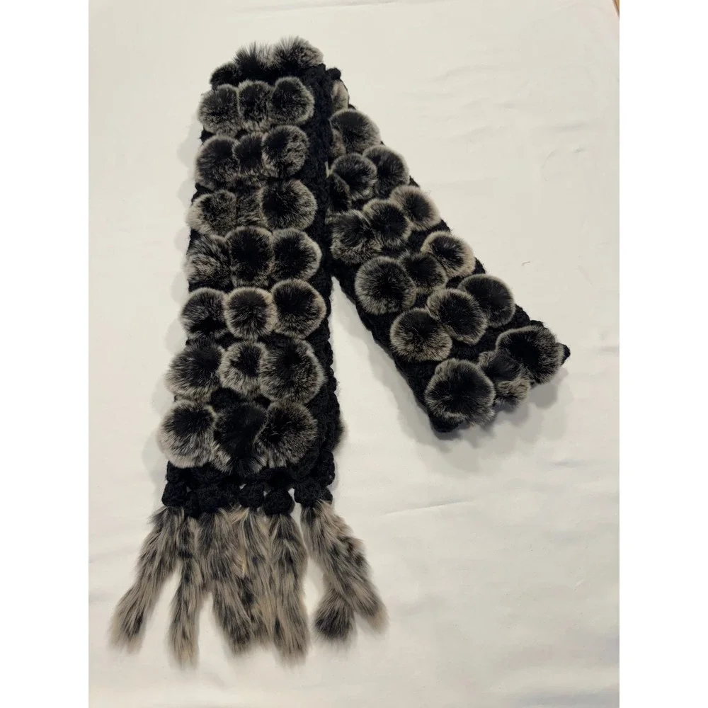 Genuine Rex Rabbit Fur Pom Pom Scarf Tail Fringe OS Black Gray Exc